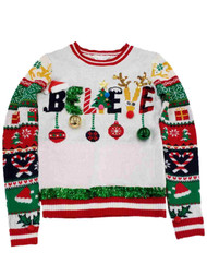 Junior Womens White Believe Long Sleeve Fun Christmas Holiday Sweater Top