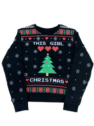 Junior Womens This Girl Hearts Christmas Black Christmas Holiday Sweatshirt
