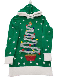 Junior Womens Green & Silver Christmas Tree Hoodie Holiday Sweater