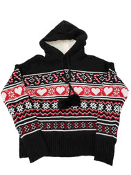 Junior Womens Black Red White Hearts Candy Sherpa Hoodie Sweater Top Shirt