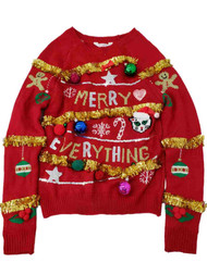 Junior Womens Red Merry Everything Christmas Holiday Sweater Top Shirt