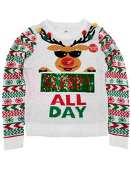 Junior Womens White Sleep or Sleigh All Day Sequin Christmas Holiday Sweater