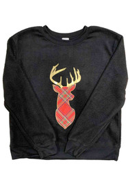 Junior Womens Black Fuzzy Red Plaid Reindeer Gold Antlers Holiday Sweatshirt