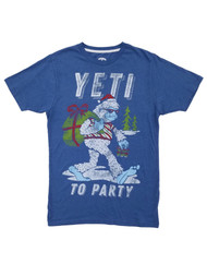 Mens Heather Blue Yeti To The Party Christmas Sasquatch Short Sleeve T-Shirt