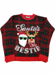 Junior Womens Red Santa's Bestie Rudolph Sequin Christmas Holiday Sweater