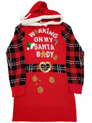 Junior Womens Working On My Santa Body Red Hoodie Christmas Sweater Dress