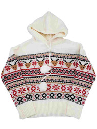 Junior Womens Ivory Sherpa Hoodie Reindeer Christmas Holiday Winter Sweater