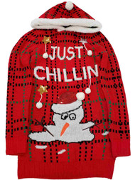 Junior Womens Red Just Chilling Snowman Hoodie Christmas Holiday Sweater