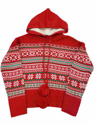 Junior Womens Red Sherpa Hoodie Pom Poms Christmas Holiday Winter Sweater