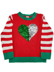 Girls Red Flip Sequin Green Silver Heart Christmas Holiday Xmas Sweater Top