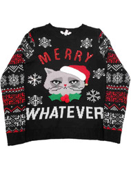 Junior Womens Black Merry Whatever Cat Sequin Christmas Holiday Sweater