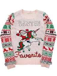 Junior Womens Light Pink Santa's Favorite Sequin Christmas Holiday Sweater