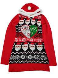 Junior Womens Red Ho Ho Ho Heart Sequin Hooded Christmas Holiday Sweater