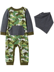 Infant Boys Camo & Gray Dinosaur Critter Romper & Bib Outfit Set