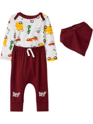 Infant Boys 3-Piece Truck & Car Bodysuit Red Bib & Pants Outfit Set