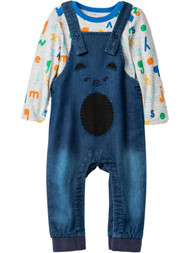 Infant Boys Blue Gray Alphabet Bodysuit & Denim Critter Overalls Outfit
