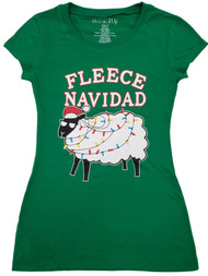 Womens Junior Green Fleece Navidad Sheep Christmas Xmas Holiday Tee T-Shirt