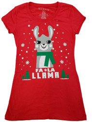 Junior Womens Red Fa La Llama Christmas Xmas Holiday Short Sleeve T-Shirt
