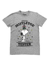 Peanuts Men's Gray Snoopy Misteltoe Tester Kiss Christmas Holiday T-Shirt Medium