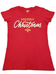 Womens Red Gold Foil Merry Christmas Xmas Holiday Shiny Tee T-Shirt Top