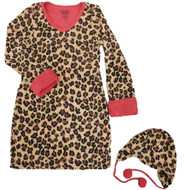 Womens Long Sleeve Cheetah Print Sleep Shirt Leopard Nightgown & Hat Set
