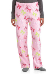 Womens Plush Pink Bow Sleep Pants Fleece Ribbon Pajama Bottoms PJs