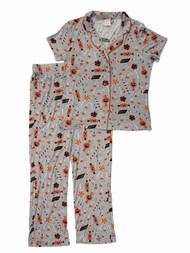 Womens Grey Halloween Candy Print Button Top & Leggings Pajama PJ Sleep Set