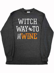 Womens Witch Way To The Wine Long Sleeve Dark Grey Halloween Tee T-Shirt Top