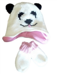 Infant & Toddler Girls White Knit Panda Bear Hat & Mittens Set Beanie