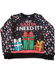 Womens But Santa... Black Glitter Long Sleeve Christmas Holiday Sweatshirt