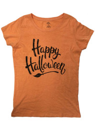 Womens Orange Happy Halloween Broomstick T-Shirt Tee Shirt