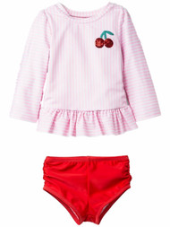 Infant & Toddler Girls Pink Stripe Cherry Red Ruffle 2Pc Summer Swim Suit