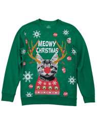 Mens Green Meowy Christmas Kitten Cat Snowflake Holiday Sweatshirt