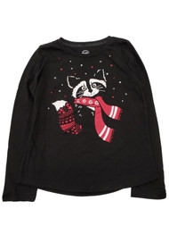 Girls Black Holiday Animal Christmas Raccoon Glitter Tee Shirt Top T-Shirt M