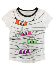 Girls White & Black Mummy Neon Faces Short Sleeve Halloween Shirt