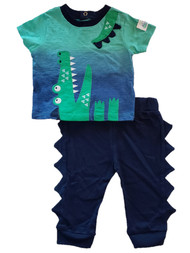 Infant Baby Boys Navy Blue & Green Sea Monster Short Sleeve Shirt & Pant Set