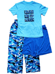 Boys Blue Camo Wake Me Up Never T-Shirt Shorts & Pant 3 Piece Pajama PJ Set