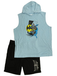 Batman Mens 2 Pc Sleep Set Distressed Blue Hoodie Shirt & Shorts Pajamas XXL
