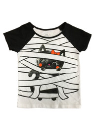 Toddler Girls White Mummy & Black Cat Glitter Halloween Short Sleeve Shirt