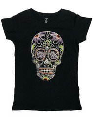 Womens Black Sugar Skull Day of the Dead Halloween T-Shirt Tee Shirt