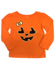Toddler Girls Orange Jack-O-Lantern Pumpkin & Bow Halloween Long Sleeve Shirt