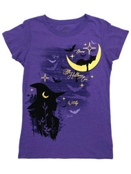 Womens Purple All Hallows Eve Witch & Black Cat Halloween T-Shirt Tee