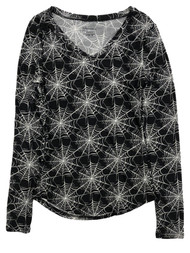 Womens (Juniors) Black & White Spider Web Long Sleeve Halloween Shirt Top