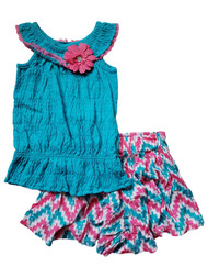 Girls Pink & Blue Ruffled Tank Top & Chevron Stripe Short 2 Piece Summer Set