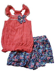 Girls Coral & Blue Ruffled Tank Top & Shorts 2 Piece Summer Floral Outfit Set