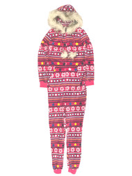 Womens Plush Pink Snowflake & Stars Hoodie Holiday Union Suit Pajamas