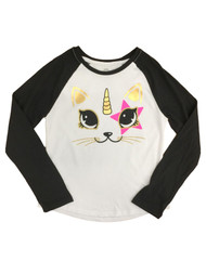 Girls White & Black Kitty Cat Unicorn Glitter Halloween Long Sleeve Shirt