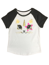 Girls White & Black Kitty Cat Unicorn Glitter Halloween Short Sleeve Shirt