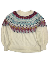 Womens Fuzzy Ivory Gold Pink & Blue Christmas Holiday Sweater