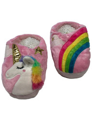 Girls Plush Pink Rainbow & Unicorn Slippers Open Back Scuffs House Shoes